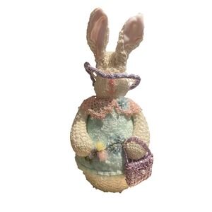 Vintage Style‎ Crochet Easter Bunny Figurine Blue Plush Lace Hat Purse Decor